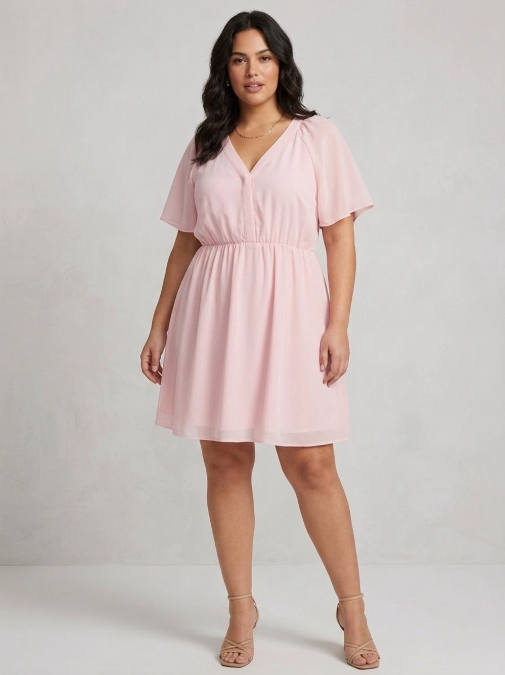 Women's Pink V-Neck Short Sleeve Dress